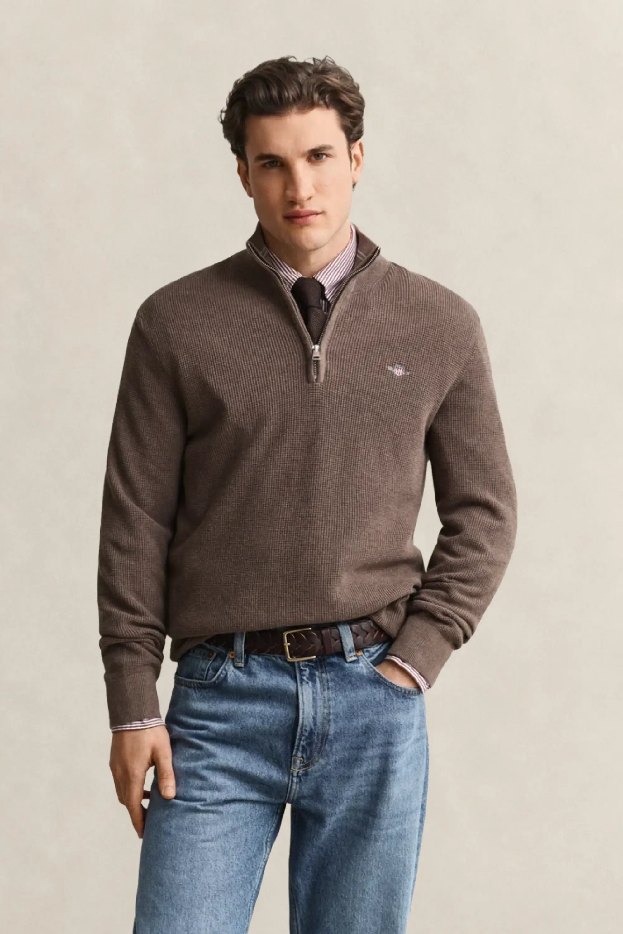 Βαμβακερό Textured Πουλόβερ Half-Zip