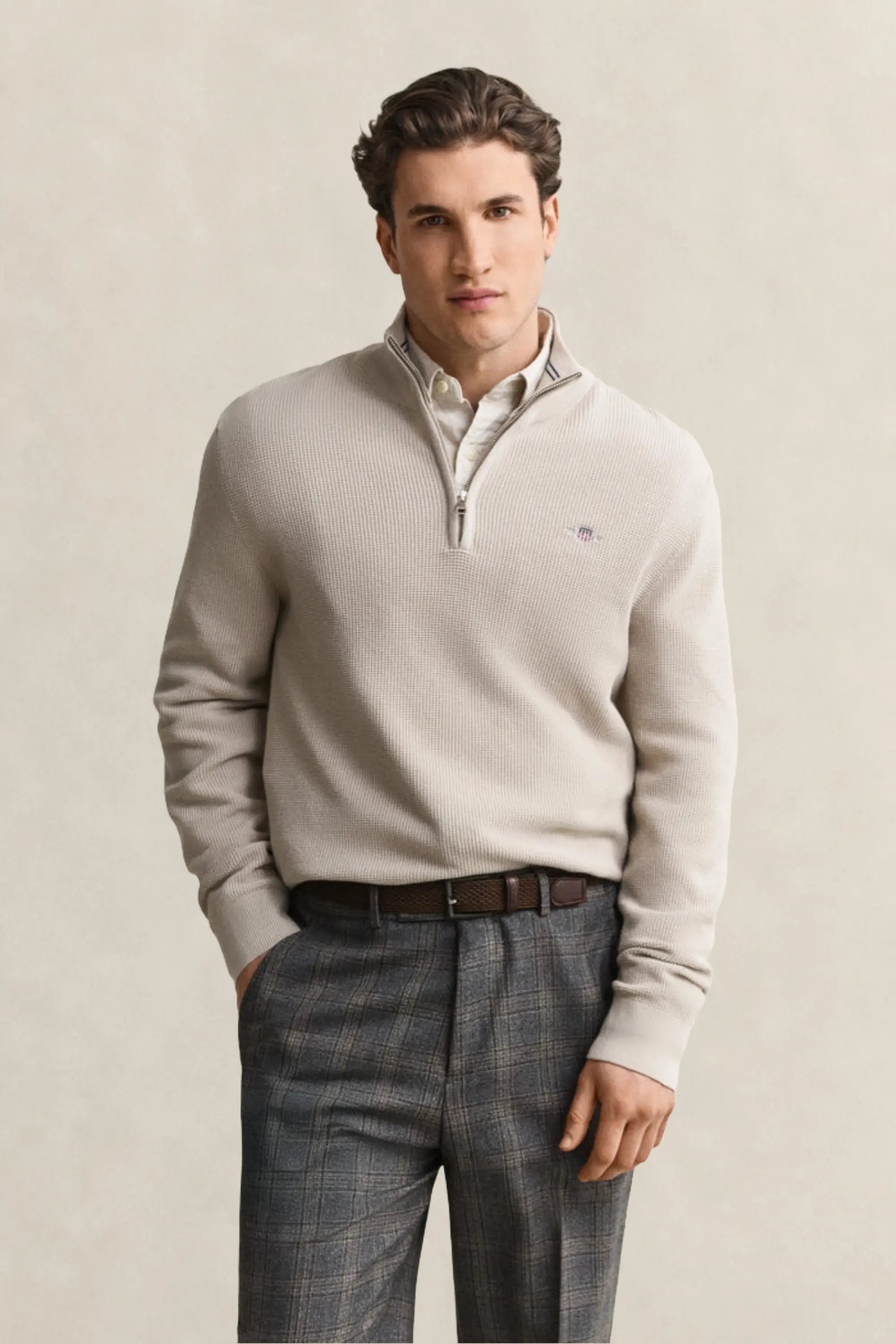 Βαμβακερό Textured Πουλόβερ Half-Zip
