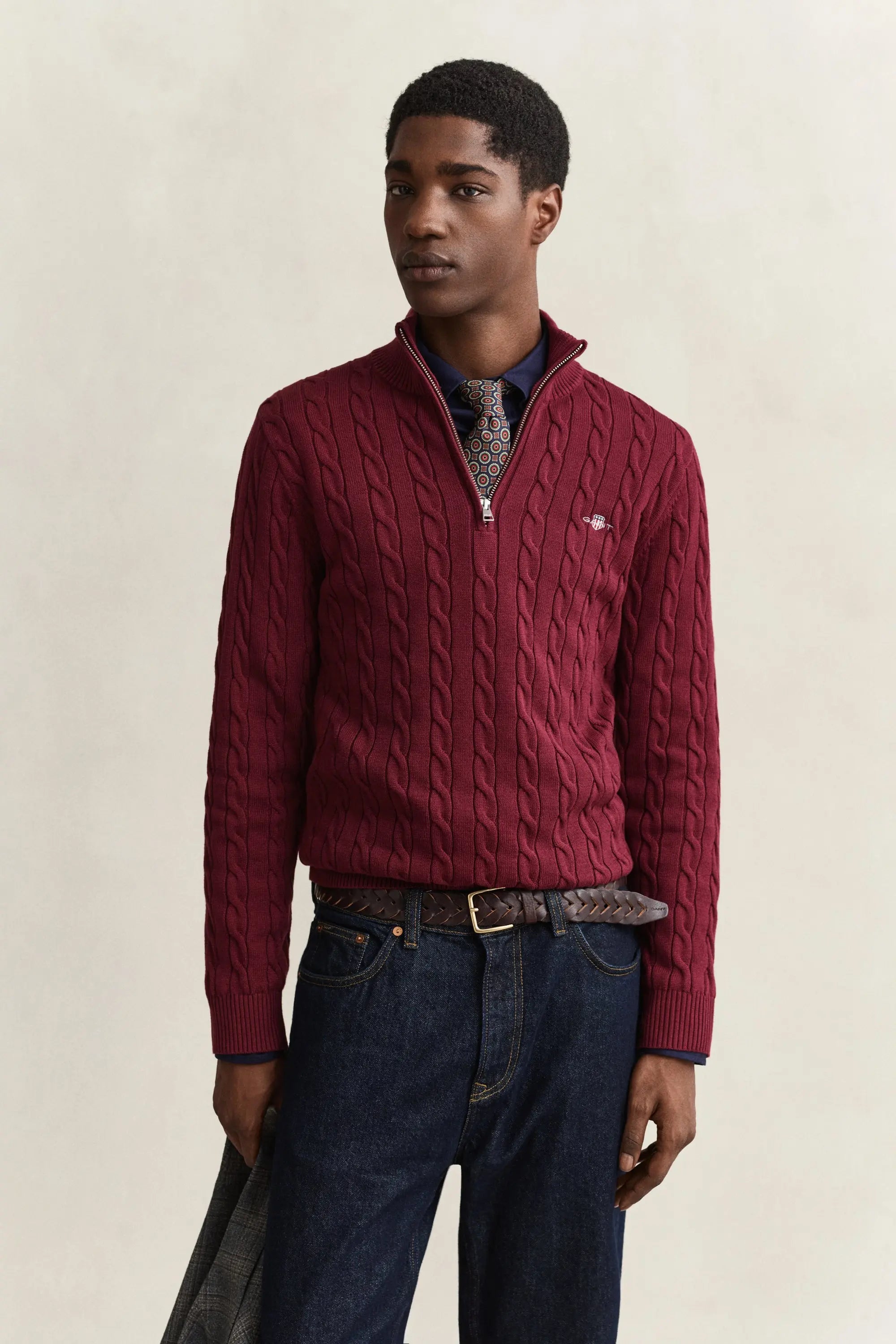 Πουλόβερ Βαμβακερό Half-Zip Με Cable Πλέξη