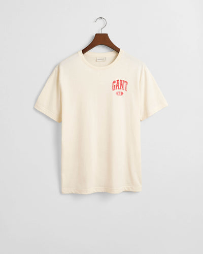 T-shirt GANT 100% βαμβάκι, κανονική γραμμή, ριπ λαιμόκοψη, λογότυπο GANT 49 με ραγισμένο εφέ στο στήθος, κωδ. 3G2003292