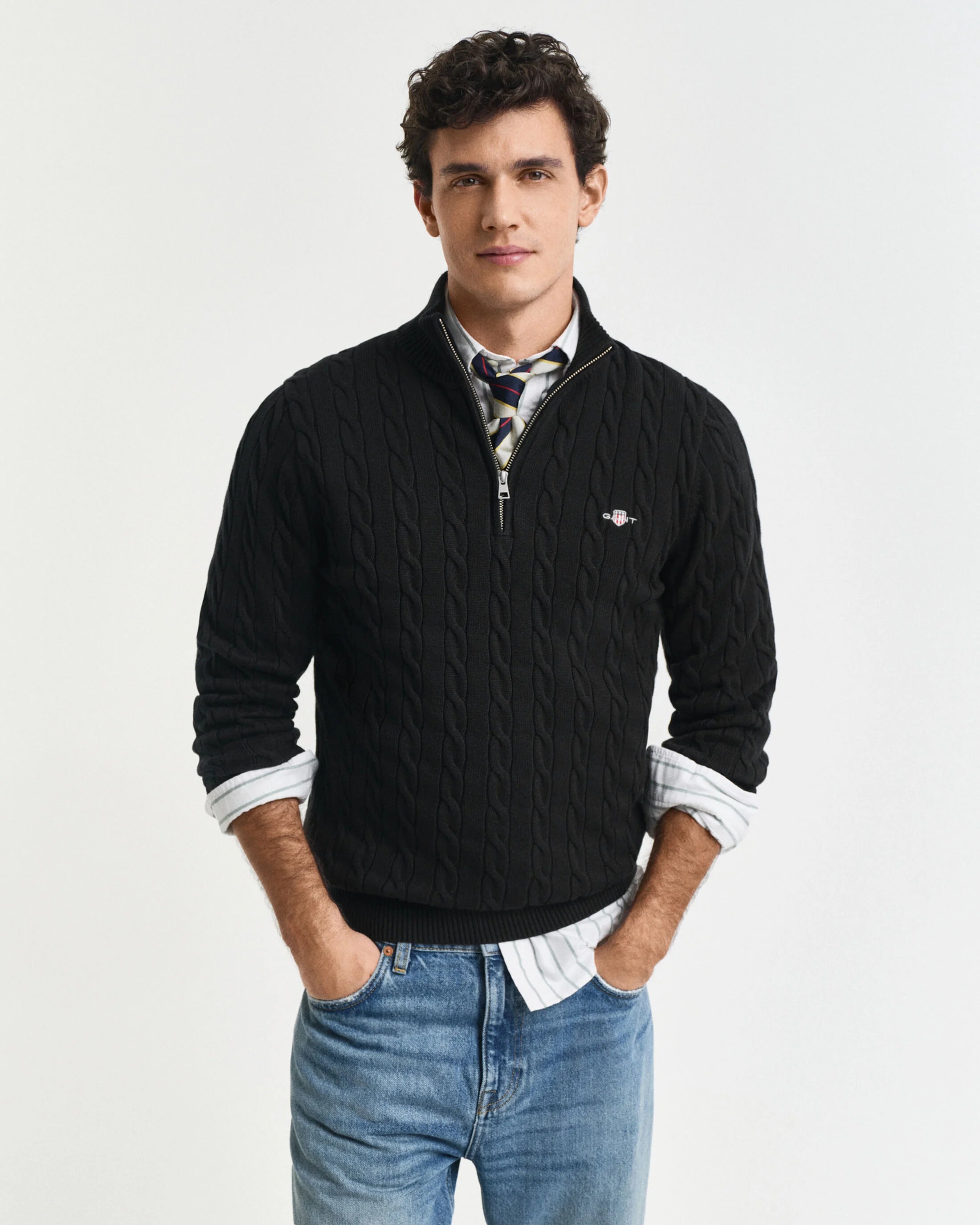 Πουλόβερ Βαμβακερό Half-Zip Με Cable Πλέξη