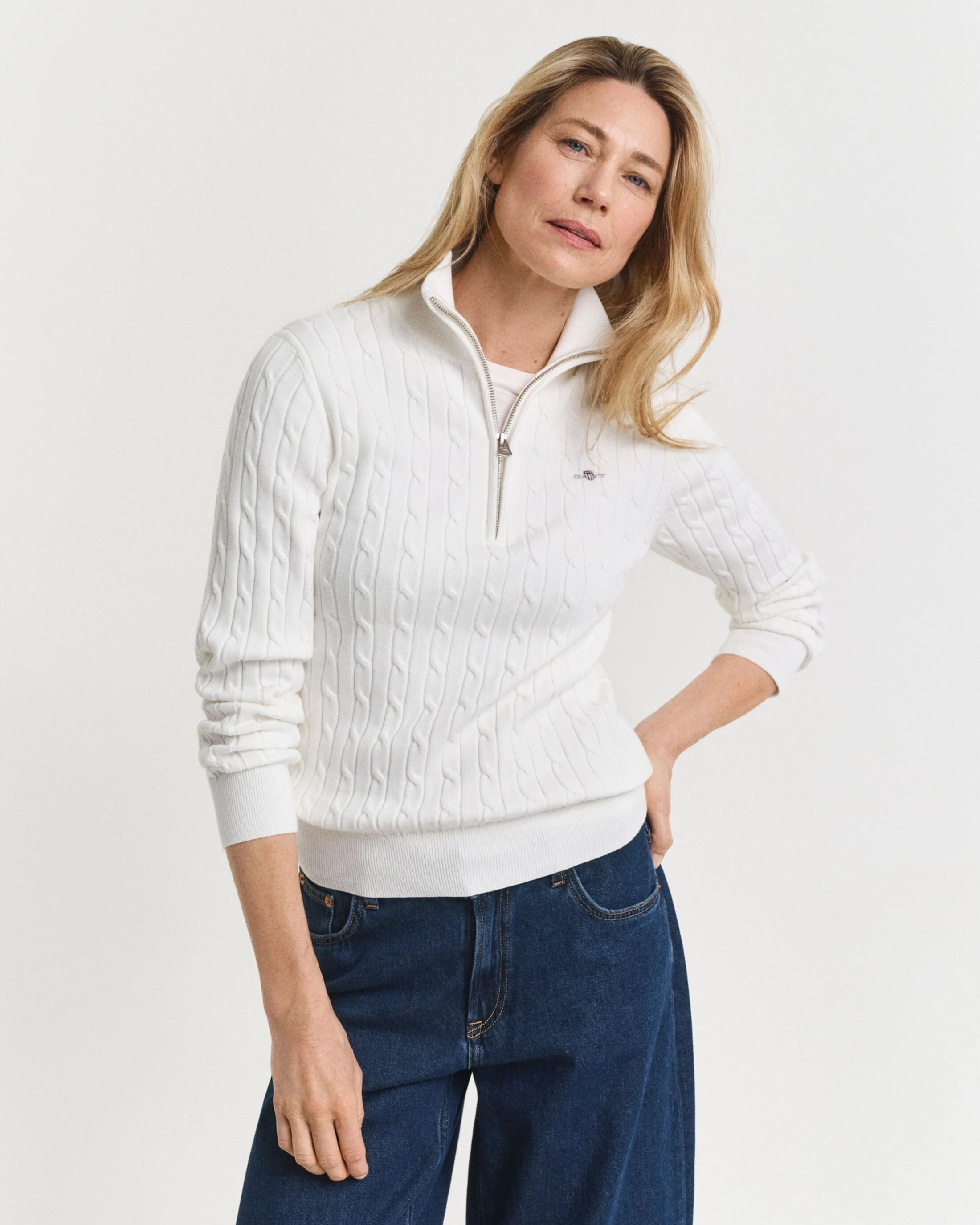 Βαμβακερό Πουλόβερ Half-zip με Πλέξη Cable