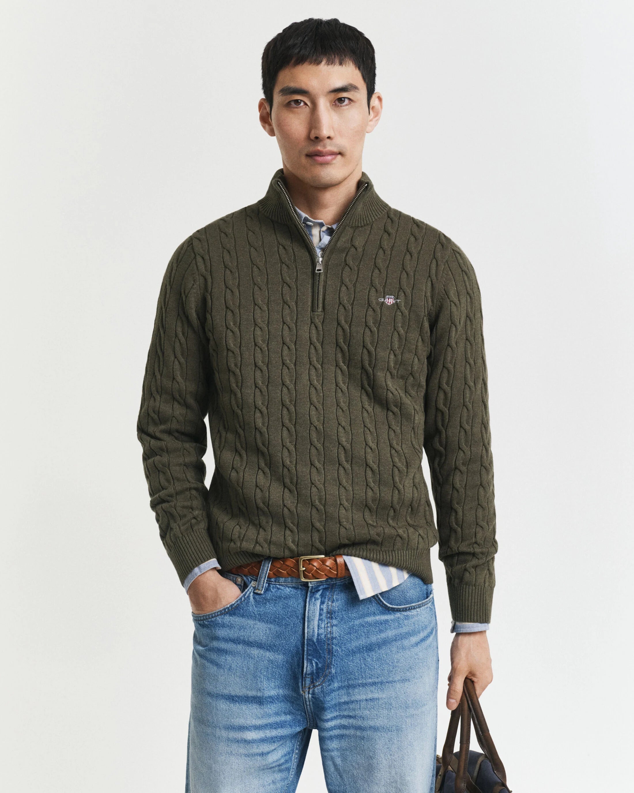 Πουλόβερ Βαμβακερό Half-Zip Με Cable Πλέξη